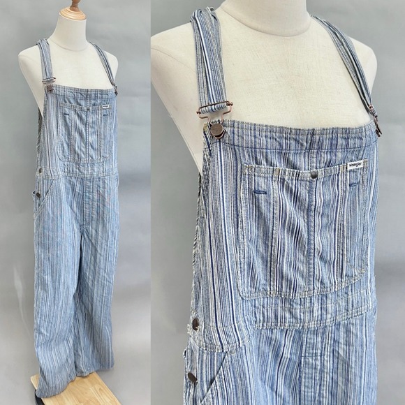 Wrangler‎ Striped Straight Leg Overalls Blue White Classic Workwear Style Medium - Picture 5 of 16